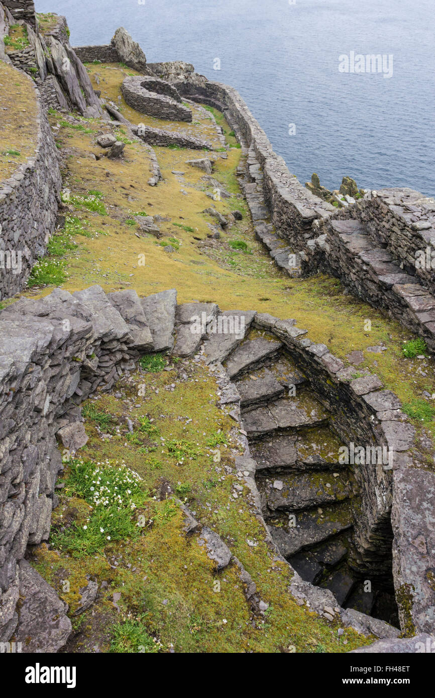 steps in system of beehive huts, clochan, Skellig Michael,Kerry,Ireland Stock Photo