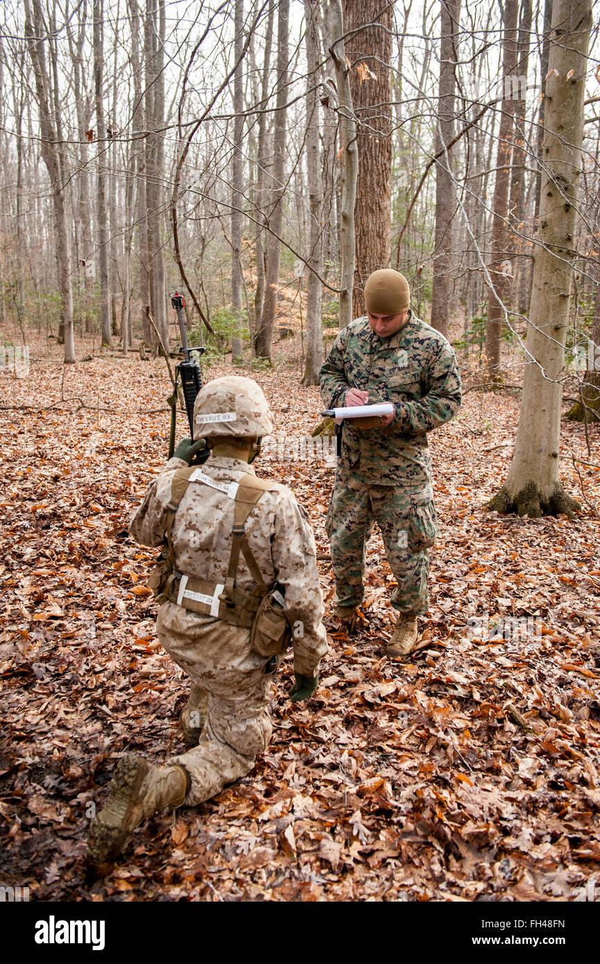 Candidates assigned to Delta Company, Officer Candidates Class-221, are evaluated as members of a fire team during the Small Unit Leadership Evaluation 1 at Brown Field, Marine Corps Base Quantico, Va., Feb. 22, 2016. The mission of Officer Candidates School (OCS) is to 'educate and train officer candidates in Marine Corps knowledge and skills within a controlled, challenging, and chaotic environment in order to evaluate and screen individuals for the leadership, moral, mental, and physical qualities required for commissioning as a Marine Corps officer.' Stock Photo