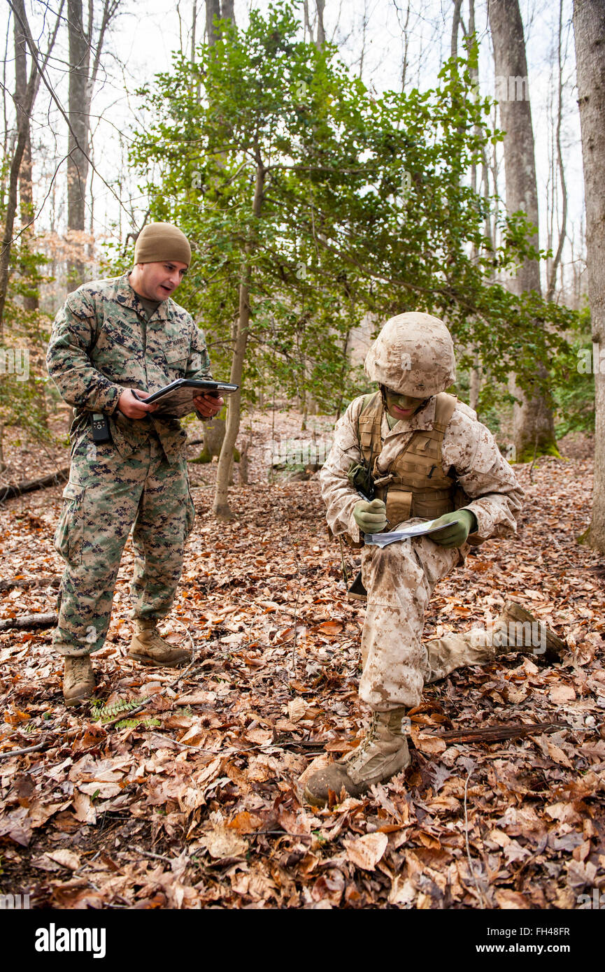 Candidates assigned to Delta Company, Officer Candidates Class-221, are evaluated as members of a fire team during the Small Unit Leadership Evaluation 1 at Brown Field, Marine Corps Base Quantico, Va., Feb. 22, 2016. The mission of Officer Candidates School (OCS) is to 'educate and train officer candidates in Marine Corps knowledge and skills within a controlled, challenging, and chaotic environment in order to evaluate and screen individuals for the leadership, moral, mental, and physical qualities required for commissioning as a Marine Corps officer.' Stock Photo