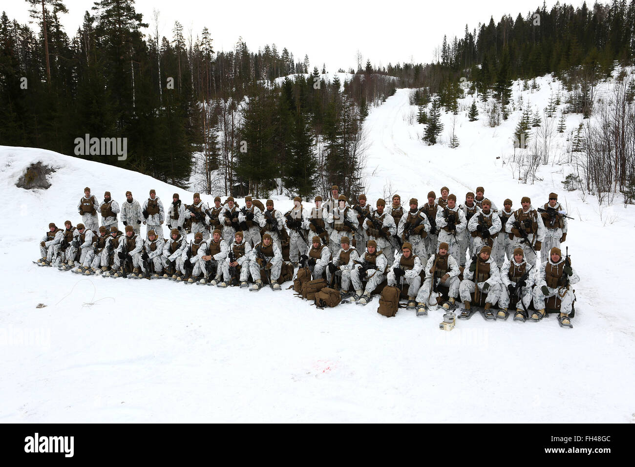 U.S. Marines assigned to The Combined Arms Company out of Bulgaria pause during training for a quick group photo. This unique company is comprised of multiple vehicles with multiple capabilities, including amphibious assault vehicles, M1A1 Abrams Main Battle Tanks and light armored vehicles. In the weeks leading up to exercise Cold Response 16, at the end of the month, the two nations have been conducting bilateral training to improve U.S. Marine Corps capability to operate in cold-weather environments. The exercise will feature maritime, land, and air operations to underscore NATO's ability t Stock Photo