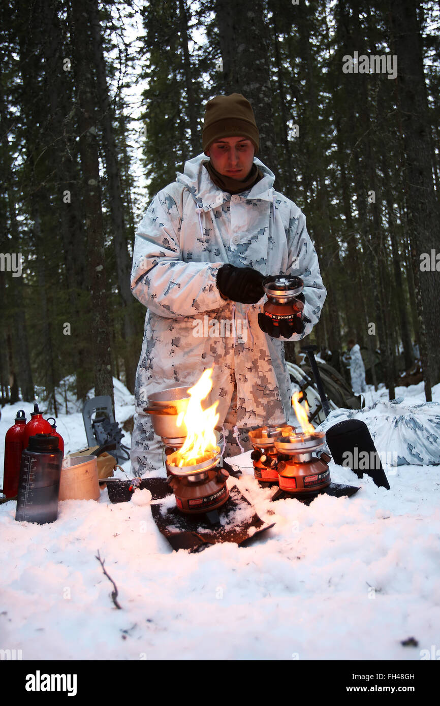 Corporal Charles Roy III, an optics technician assigned to The Combined Arms Company out of Bulgaria, uses small burners to melt snow into water as his unit sets up camp for the night. This unique company is comprised of multiple vehicles with multiple capabilities, including amphibious assault vehicles, M1A1 Abrams Main Battle Tanks and light armored vehicles.  In the weeks leading up to exercise Cold Response 16, at the end of the month, the two nations have been conducting bilateral training to improve U.S. Marine Corps capability to operate in cold-weather environments. The exercise will f Stock Photo