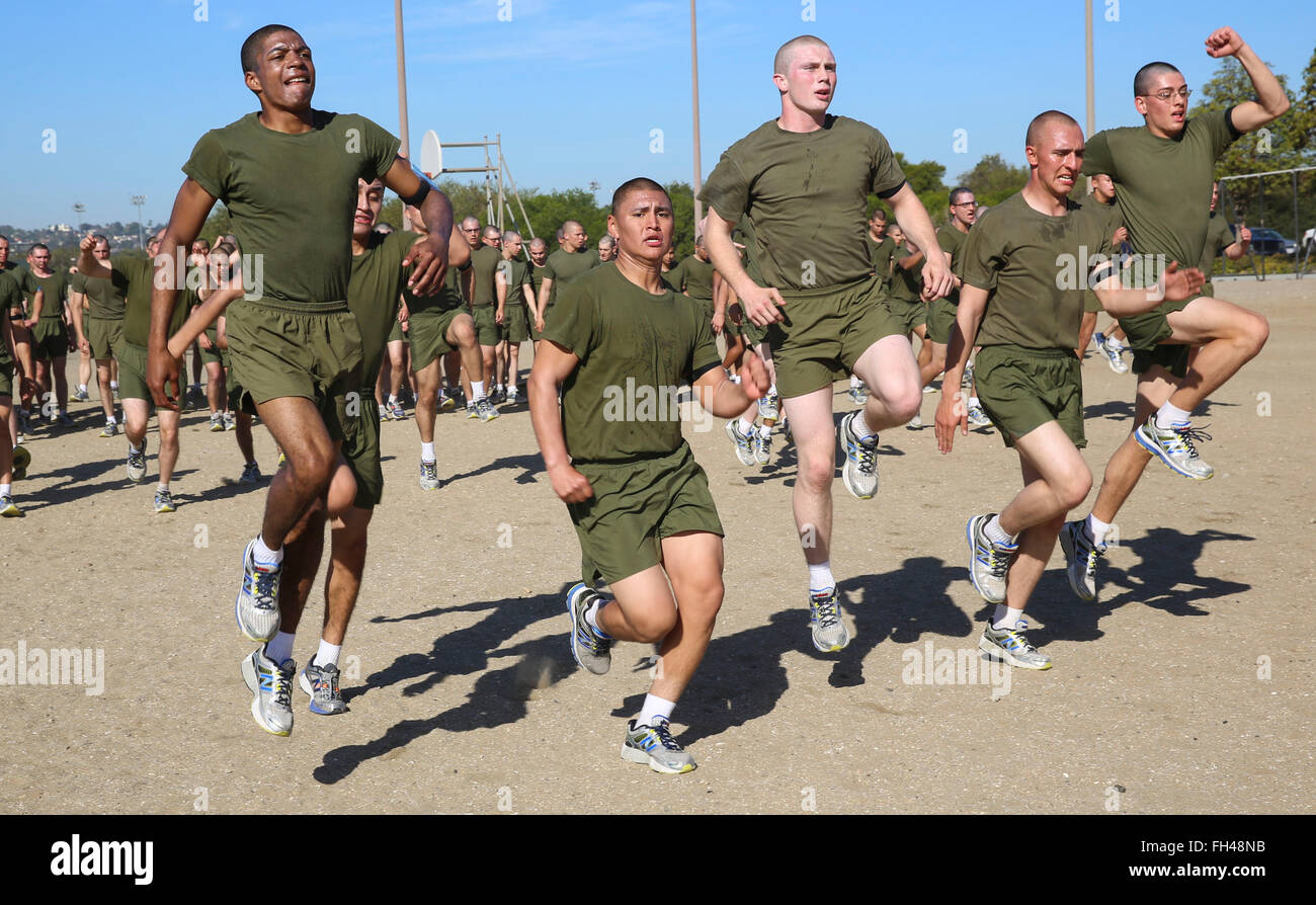 Recruits of Kilo Company, 3rd Recruit Training Battalion, conduct sprint drills during a physical training session at Marine Corps Recruit Depot San Diego, Feb. 22. Recruits lined up in rows and conducted each exercise one after another. Annually, more than 17,000 males recruited from the Western Recruiting Region are trained at MCRD San Diego. Kilo Company is scheduled to graduate May 6. Stock Photo