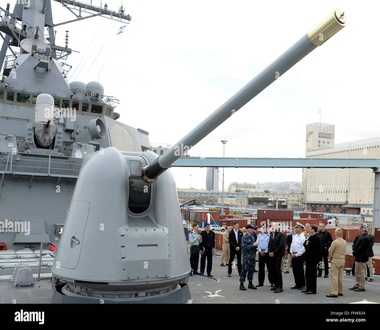 U.S. Ambassador to Israel Dan Shapiro hosted Israeli Minister of Defense Moshe Ya’alon for a visit and tour aboard USS Carney (DDG 64), docked in Haifa, Israel, Feb. 22, 2016. During the visit, Ambassador Shapiro and Minister Ya’alon received a briefing from Carney Commanding Officer CMDR Ken Picard, and other officers aboard the ship. Stock Photo