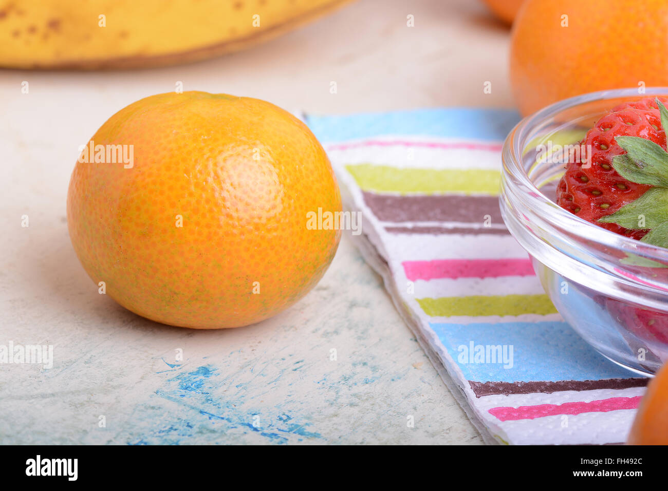 Fresh organic fruits ( strawberry, banana, mandarin, orange Stock Photo