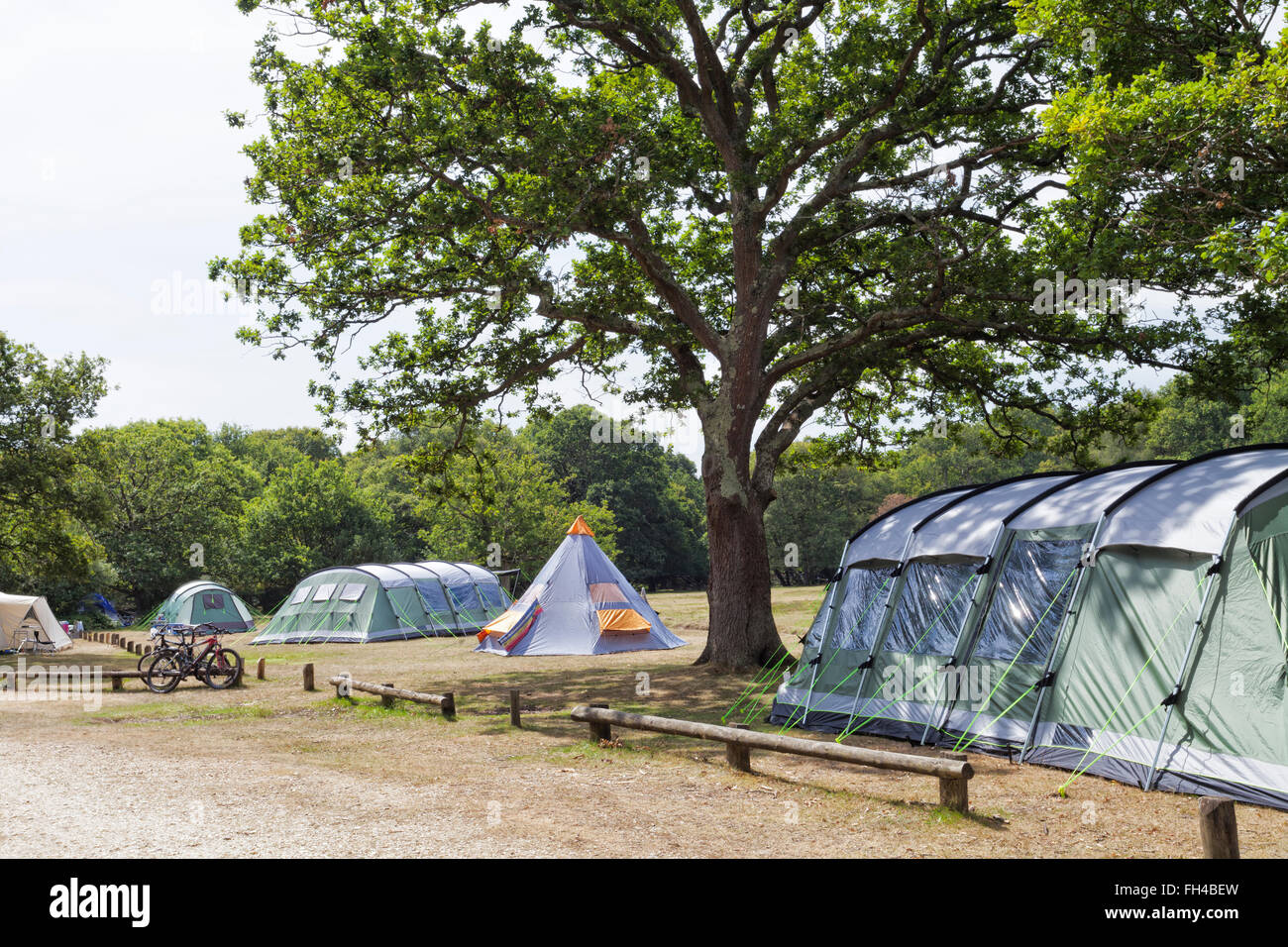 Big family tents, tepee in camping site in woodlands in New Forest