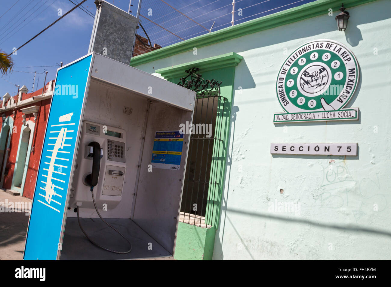 Oaxaca, Mexico - A public telephone outside an office of the Mexican telephone workers union. Stock Photo