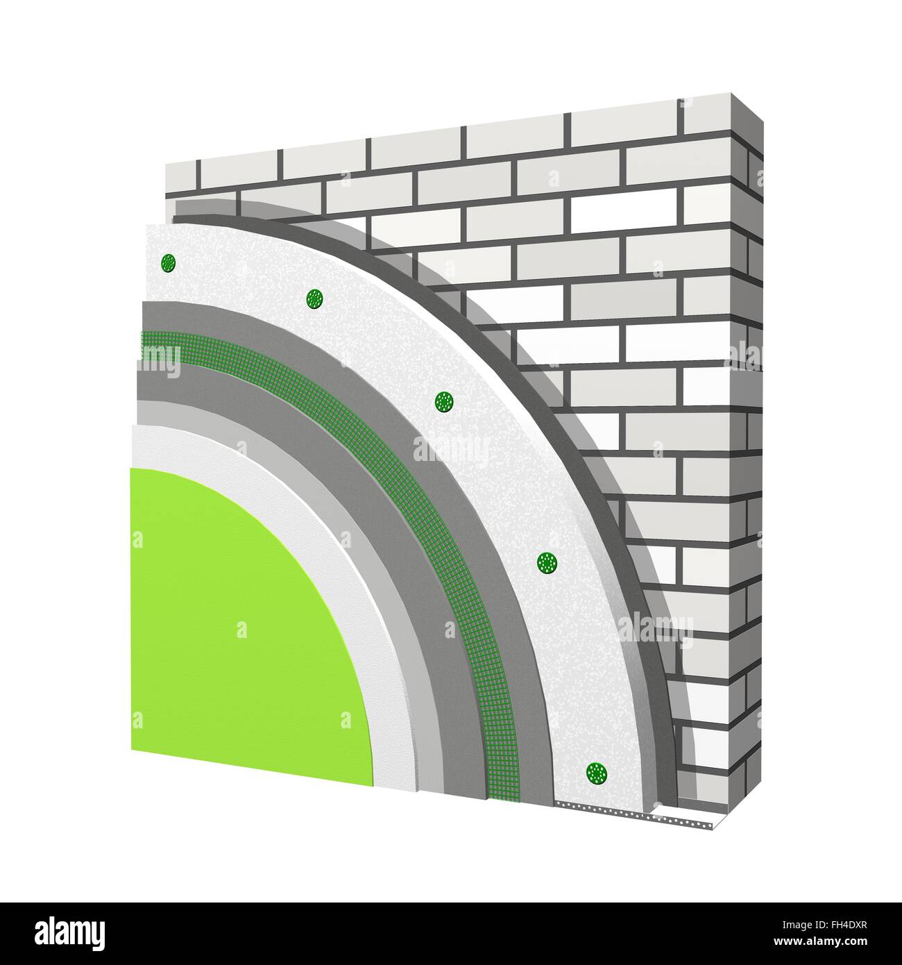 3D layered scheme of exterior wall insulation using polystyrene or styrofoam panels for thermal isolation. Stock Photo
