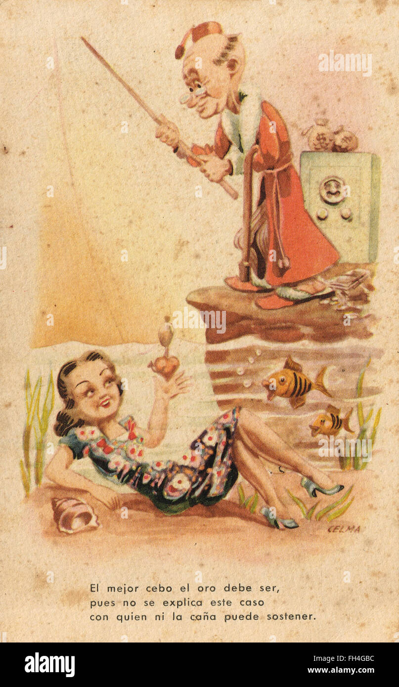 Humorous Risqué Spanish postcard circa 1940's Stock Photo