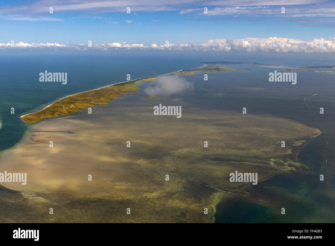 Aerial view, south of the island Hiddensee, nature reserves and yells Gänsewerder, Prohn, Baltic island, clouds, Stock Photo