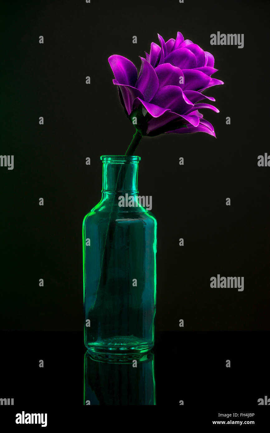 Purple flower in a green glass bottle Stock Photo