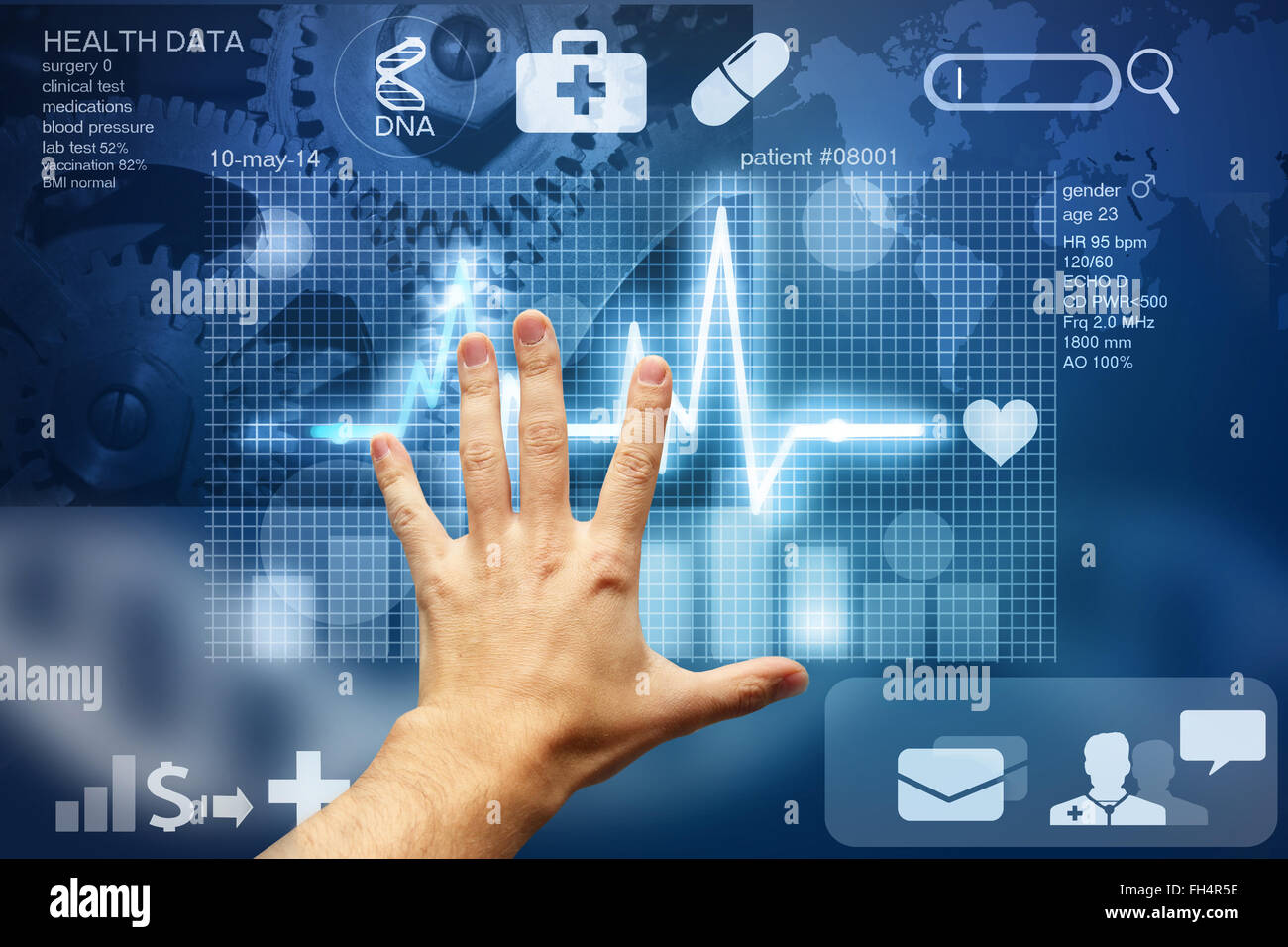 hand touching screen with medical data Stock Photo