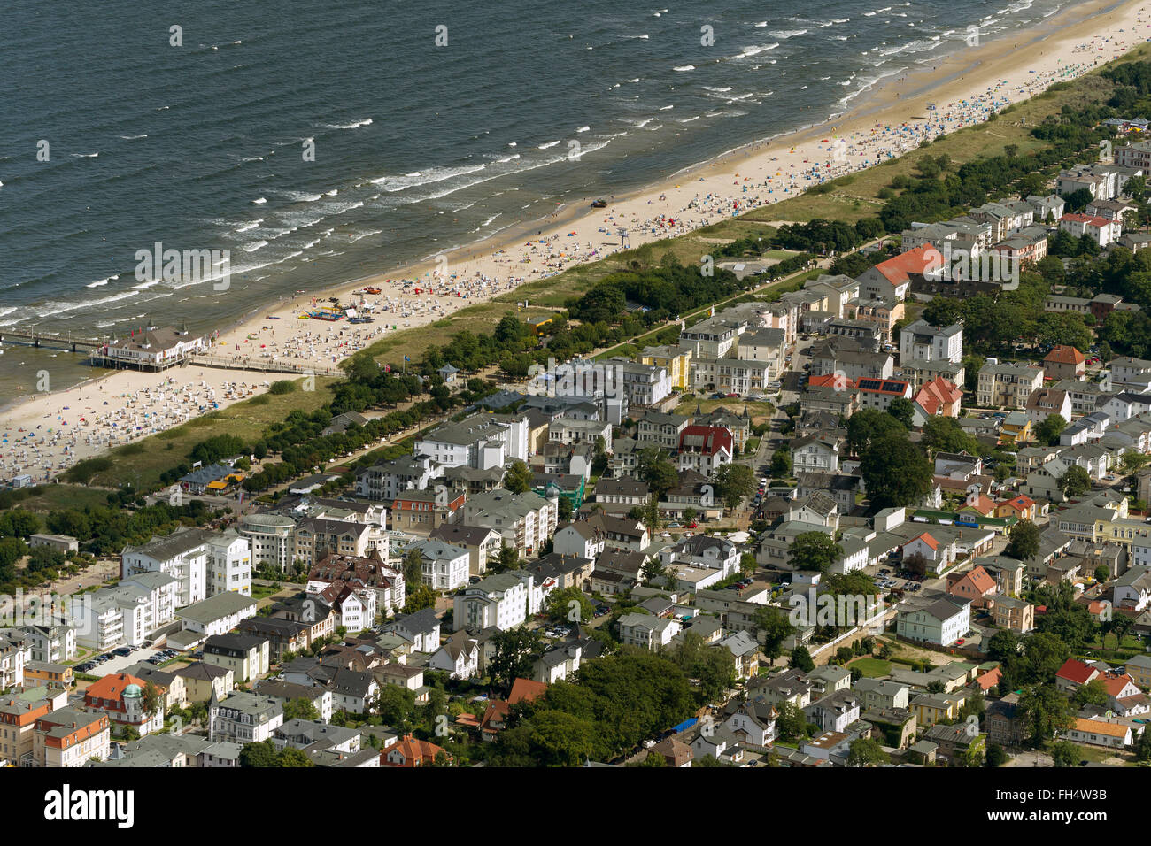 Aerial view, Ahlbeck pier, beach Ahlbeck, beach promenade, Heringsdorf, Baltic Sea, Usedom, Mecklenburg-Vorpommern, Germany, Stock Photo