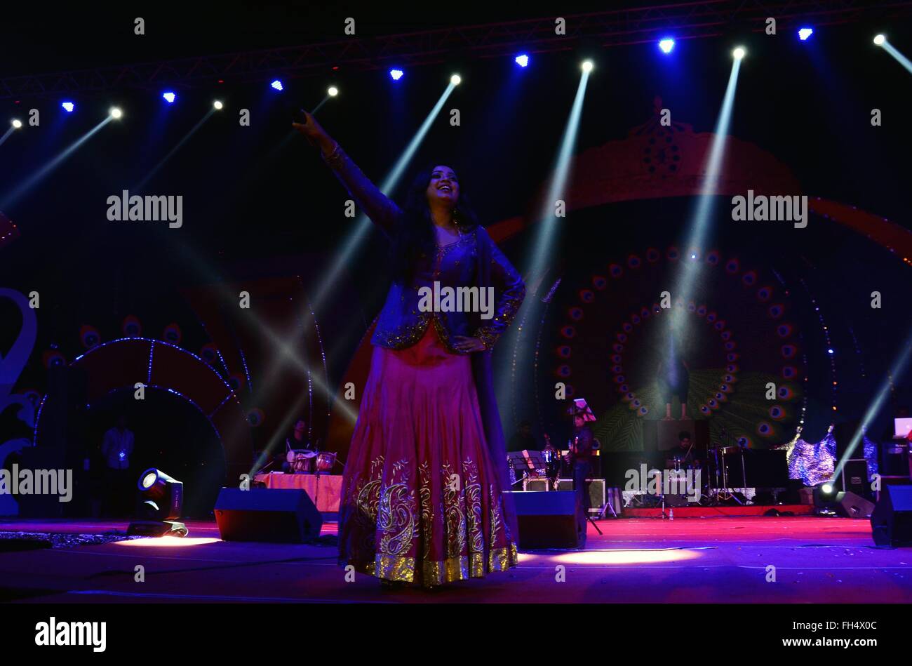 Allahabad, India. 23rd Feb, 2016. Bollywood playback Singer Shreya Ghoshal performing live concern during Triveni Mahotsav Festival at bank of River Yamuna in Allahabad. Credit:  Prabhat Kumar Verma/Pacific Press/Alamy Live News Stock Photo