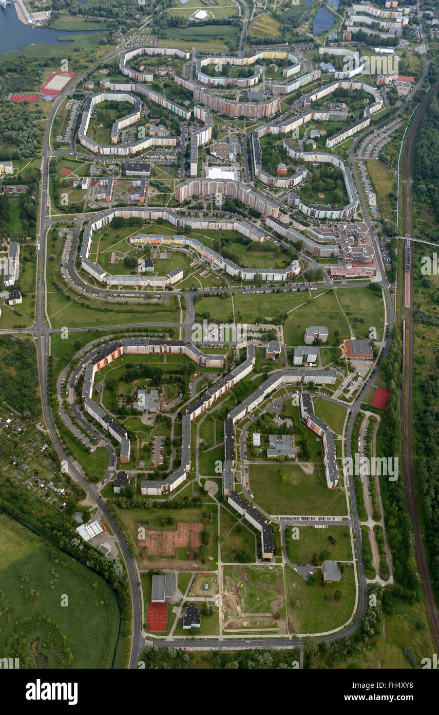 Aerial view, prefabricated Bertolt Brecht-Straße, Rostock, Baltic Sea, Baltic Sea, Mecklenburg-Vorpommern, Germany, Europe, Stock Photo