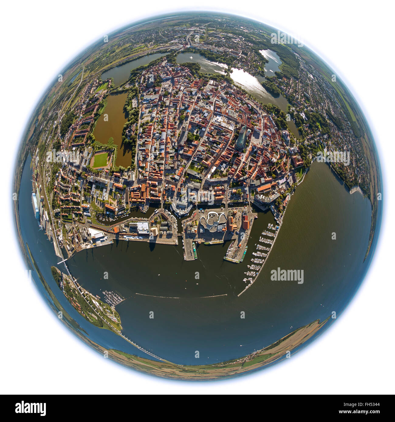 Aerial view, downtown, center, city, Stralsund, Ostsee, fisheye lens, Mecklenburg-Vorpommern, Germany, Europe, Aerial view, Stock Photo