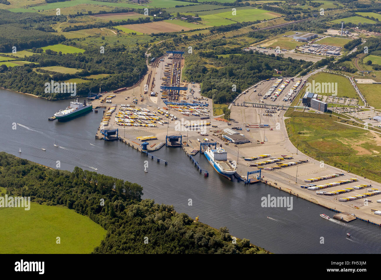 Aerial view, Ferry Travemünde, Scandinavia ferry, the Baltic resort Kiel-Travemünde, Kiel, Baltic port, Trave, Lubeck, Baltic Stock Photo