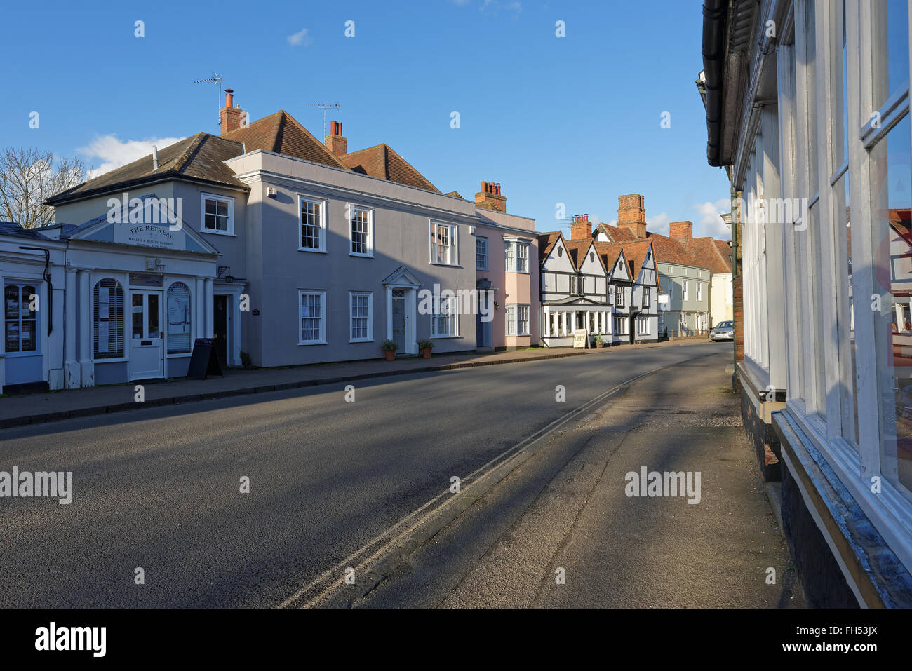 The picturesque High Street in Dedham, Essex,UK which is in the heart of the Dedham Vale. The area was made famous by artist Joh Stock Photo