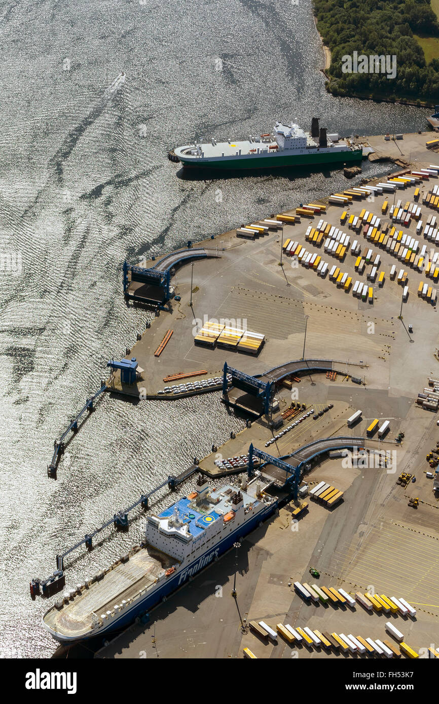 Aerial view, Ferry Travemünde, Scandinavia ferry, the Baltic resort Kiel-Travemünde, Kiel, Baltic port, Trave, Lubeck, Baltic Stock Photo