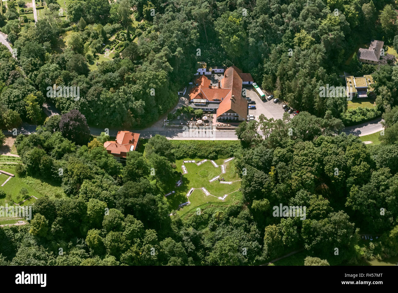 Aerial view, Restaurant Waldfrieden, Amt Neuhaus, Lüchow-Dannenberg, Elbe Valley, Elbtalaue, Lower Saxony, Germany, Europe, Stock Photo