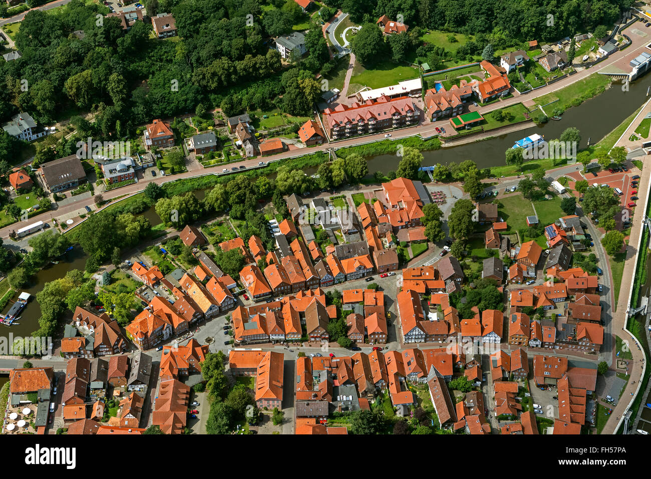 Aerial view, old town of Hitzacker with Jeetzel and Old Jeetzel, Elbe, Elbe, Hochwaaserschutzbauten, lock, Hitzacker (Elbe) Stock Photo