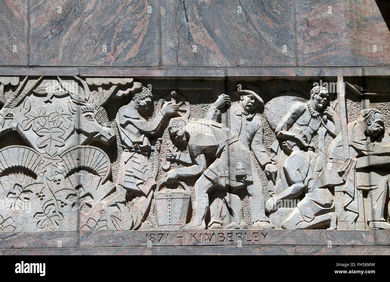 Carved stone frieze on the famous art deco Mutual Building at Cape Town