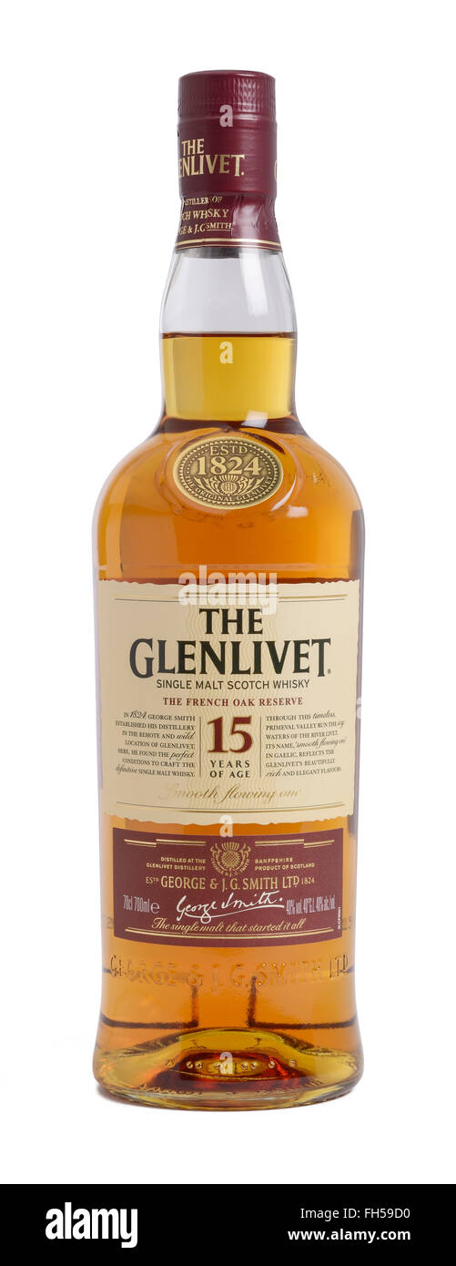 Bottle of Glenlivet 15 year old single malt Scotch Whisky Stock Photo