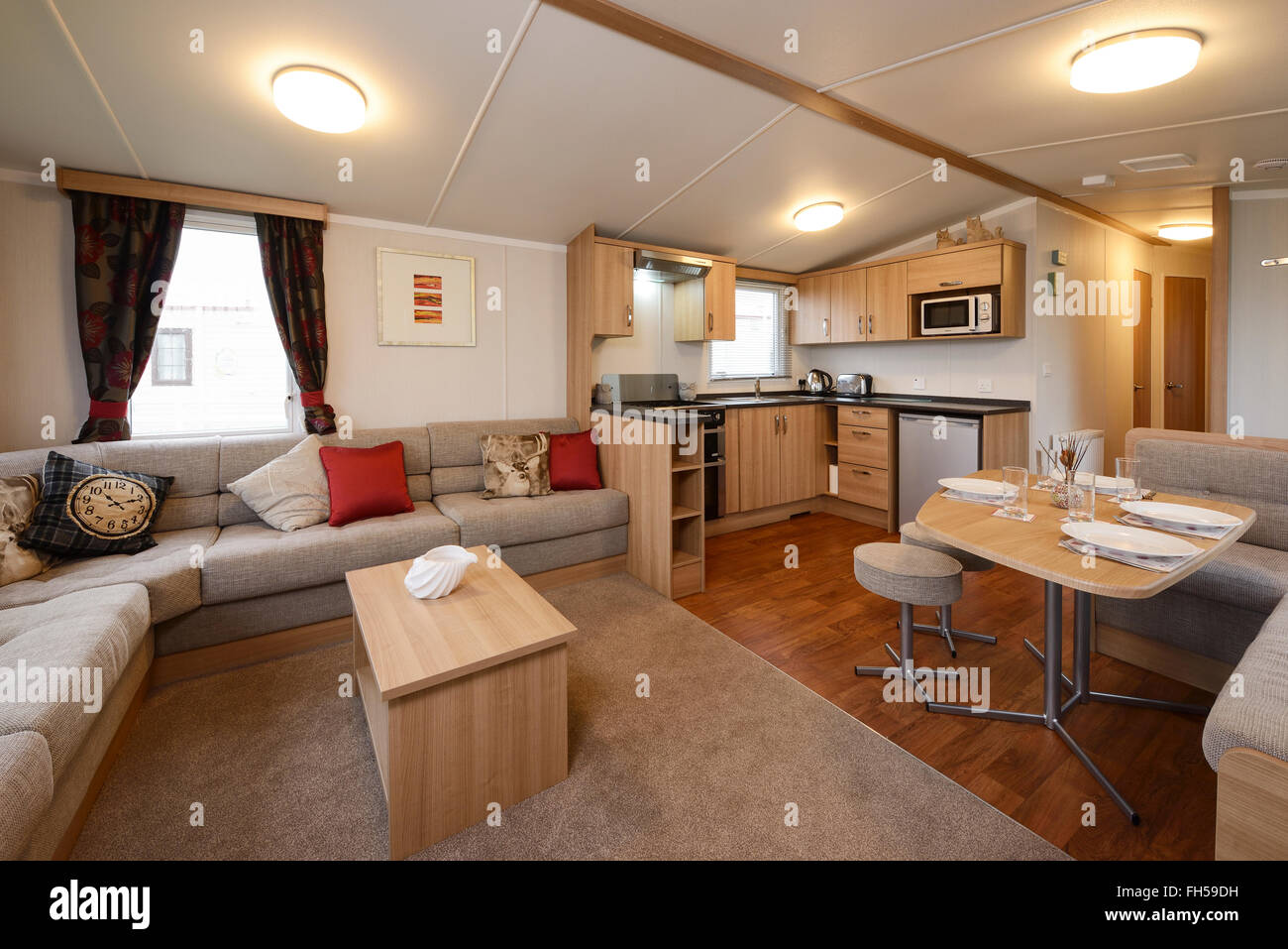 Interior Of A Static Caravan Showing Living Room Kitchen And