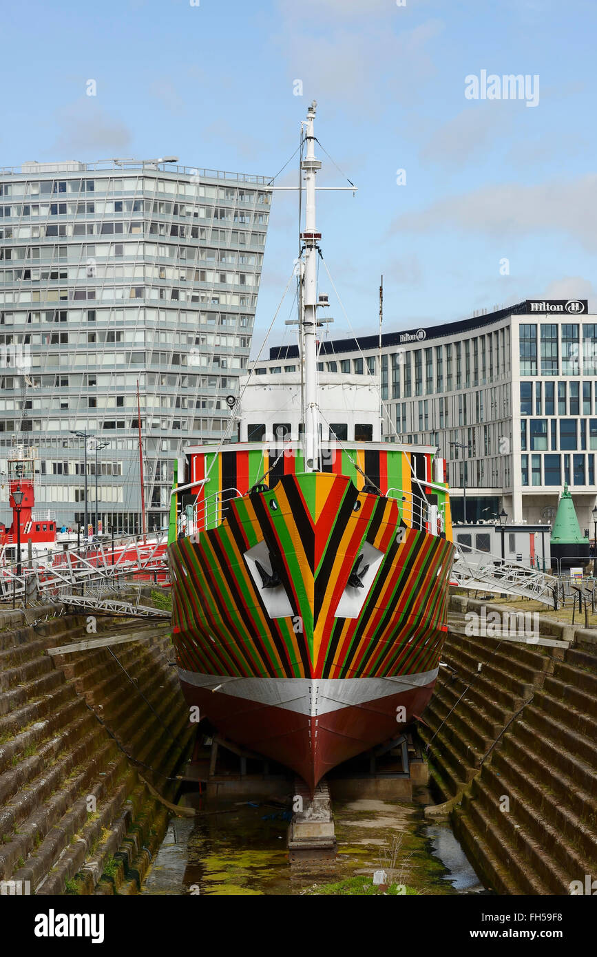 Dazzle ship by the artist Carlos Cruz-Diez on display in the Canning Graving Dock Liverpool UK Stock Photo