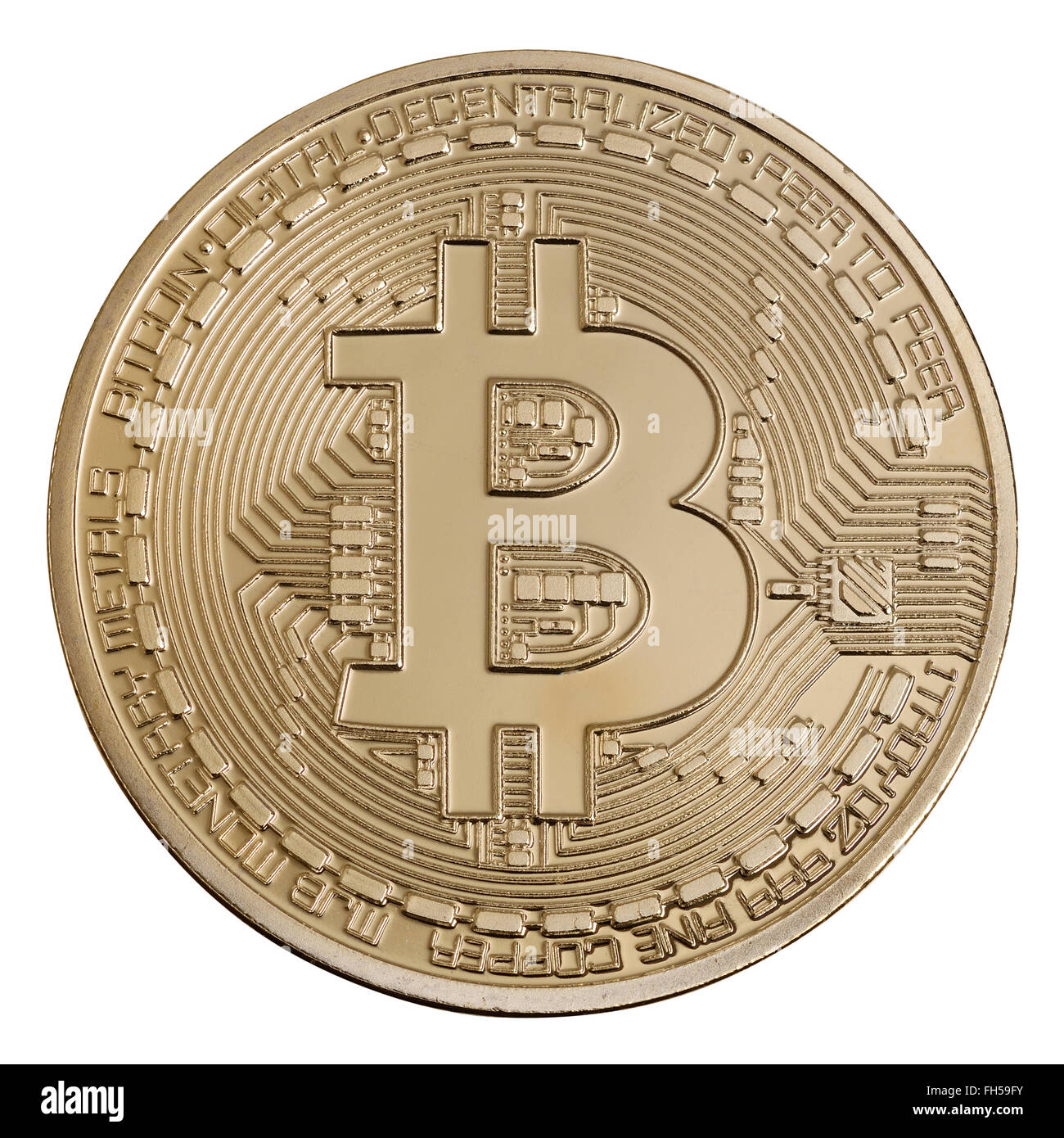 Gold coloured physical Bitcoin coin Stock Photo