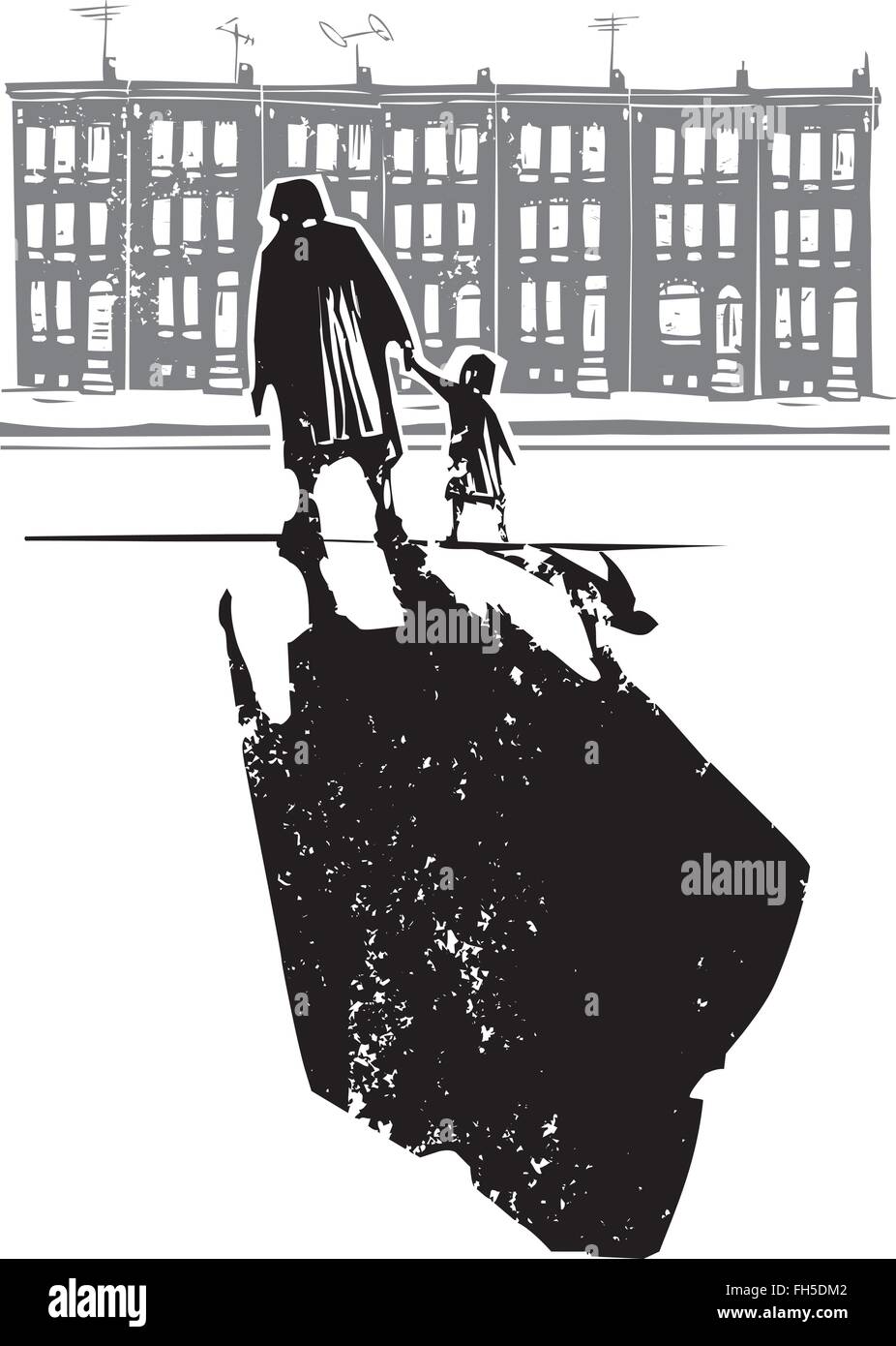 Woodcut style expressionist image of an elderly woman walking in hand with a child in front of row homes Stock Vector