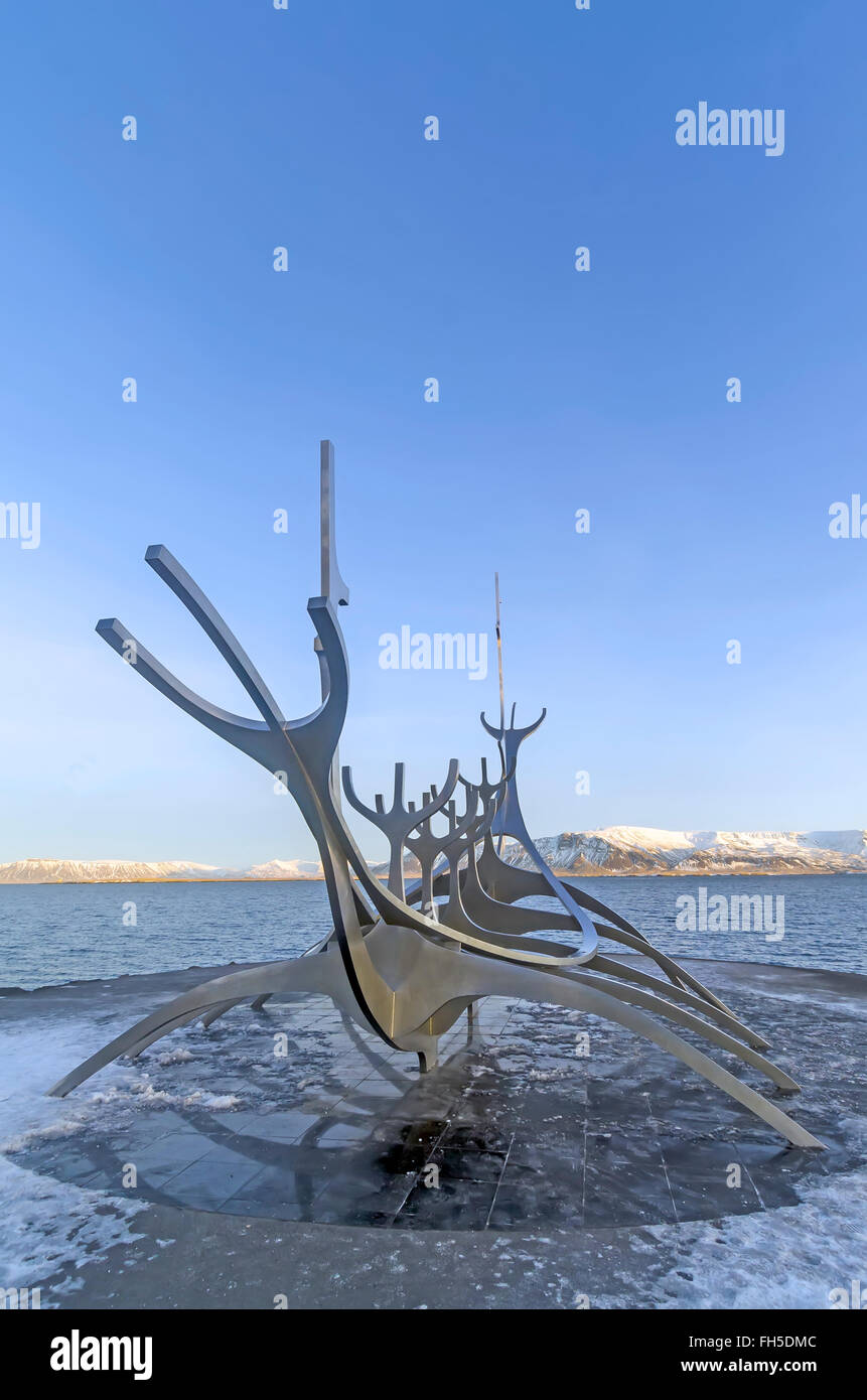 Sun Voyager or Solfar steel sculpture resembling a Viking ship is actually a dreamboat and ode to the sun, Reykjavik Iceland. Stock Photo