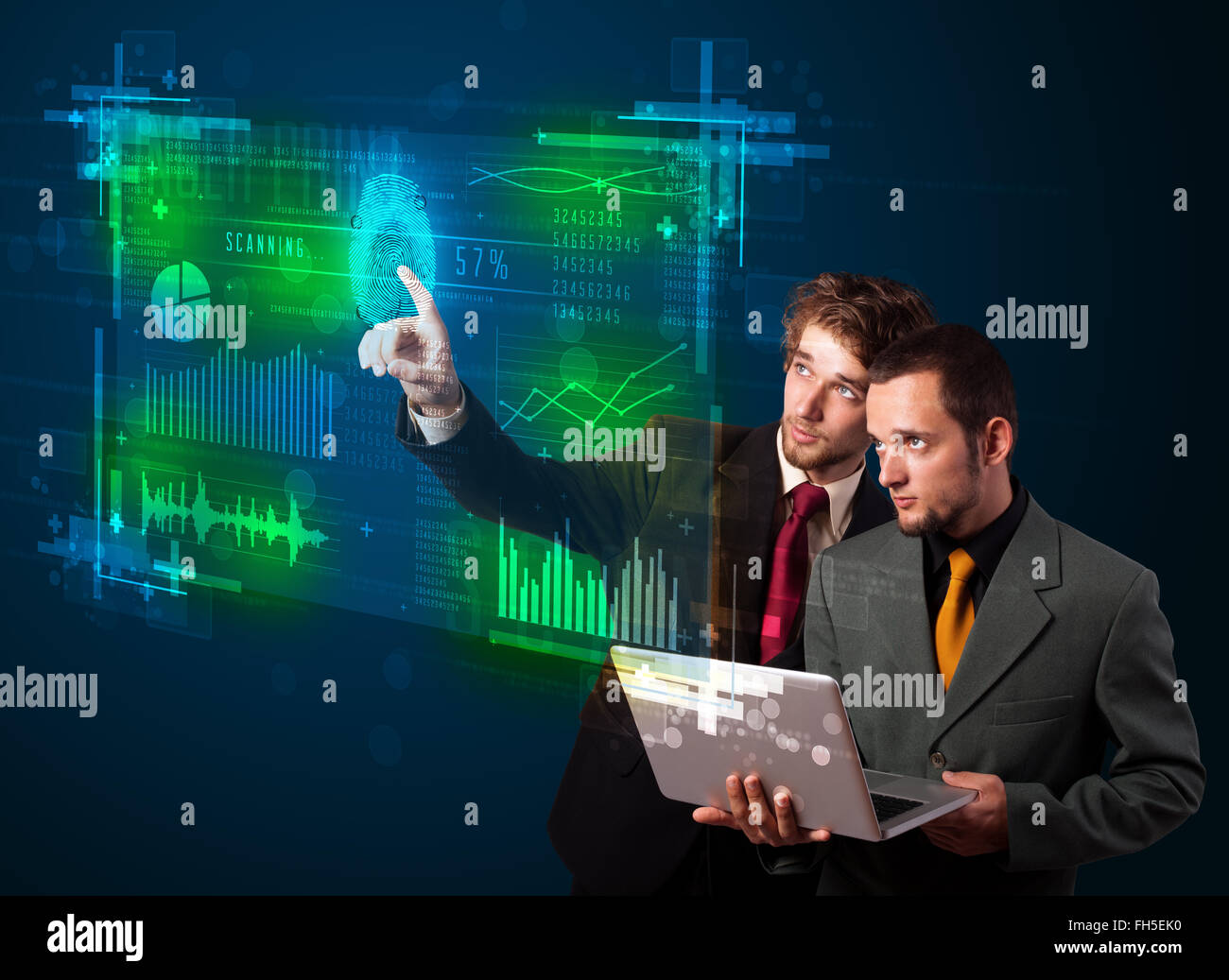 Young business people pressing modern technology panel with finger print reader Stock Photo