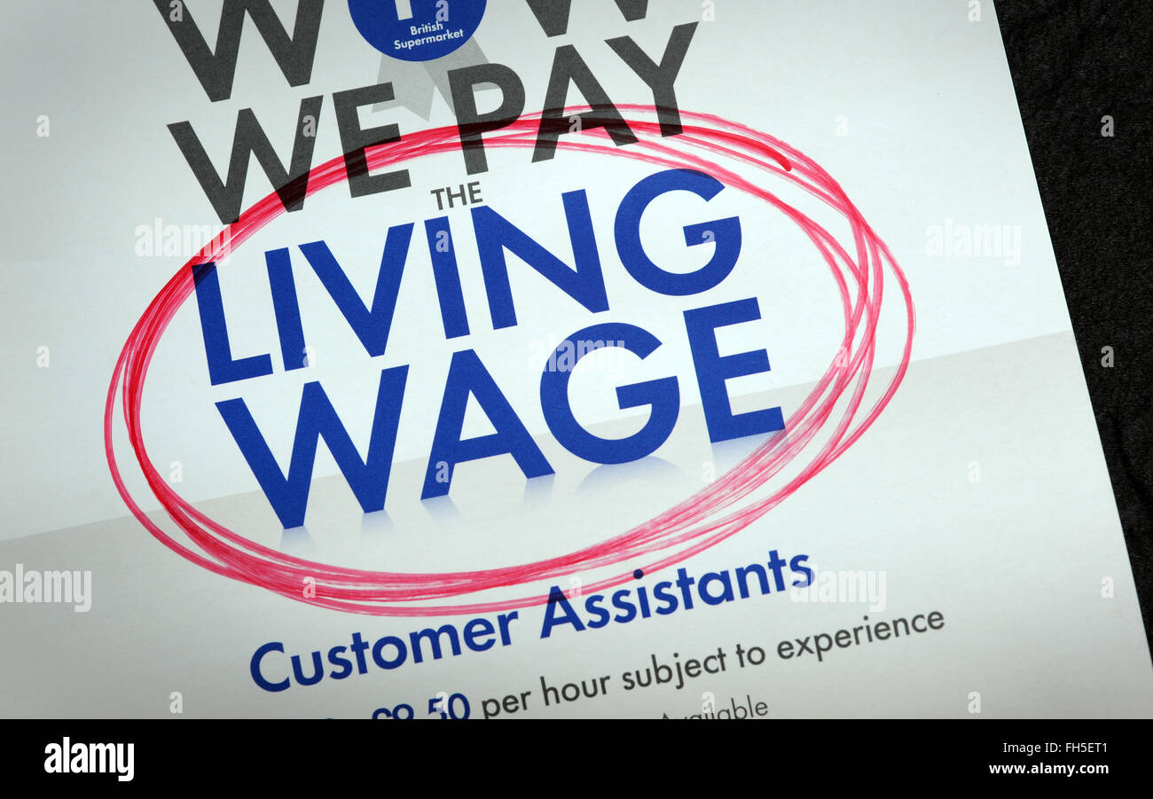 SUPERMARKET RECRUITMENT LEAFLET RE THE NATIONAL LIVING WAGE WAGES INCOMES WORKERS WELFARE PENSION CREDIT HOUSEHOLD JOBS JOB UK Stock Photo