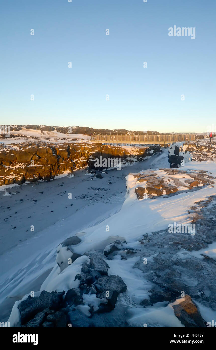 Leif The Lucky Bridge between two continents where North American and Eurasian tectonic plates drift winter Reykjanes Iceland Stock Photo