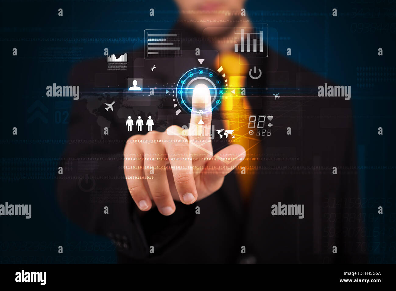 Handsome businessman touching future web technology buttons and icons ...