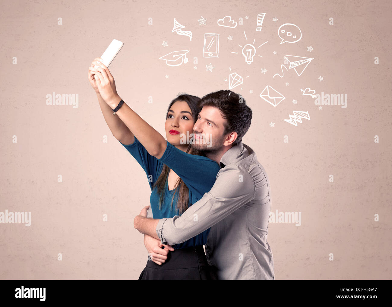 Couple taking selfie with thoughts illustrated Stock Photo - Alamy