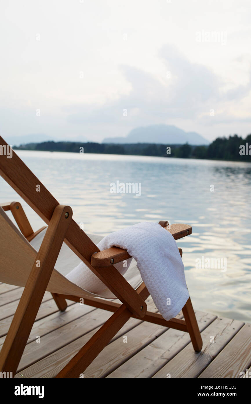 Deck Chair on Dock, Faaker See, Carinthia, Austria Stock Photo
