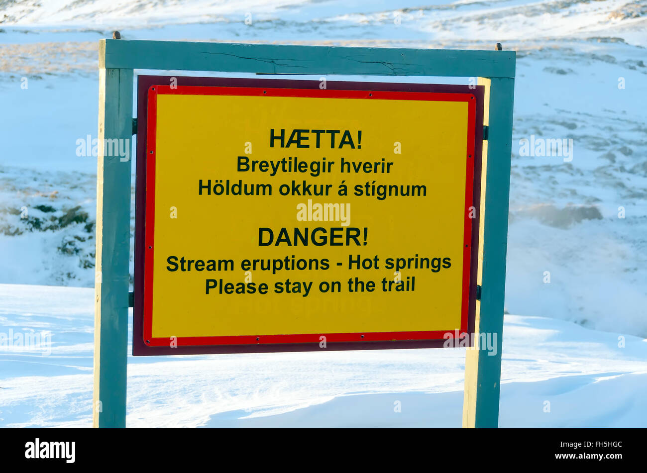 Krýsuvík geothermal area  Reykjanes Peninsula Iceland boiling hot spring steam eruptions danger warning sign Stock Photo