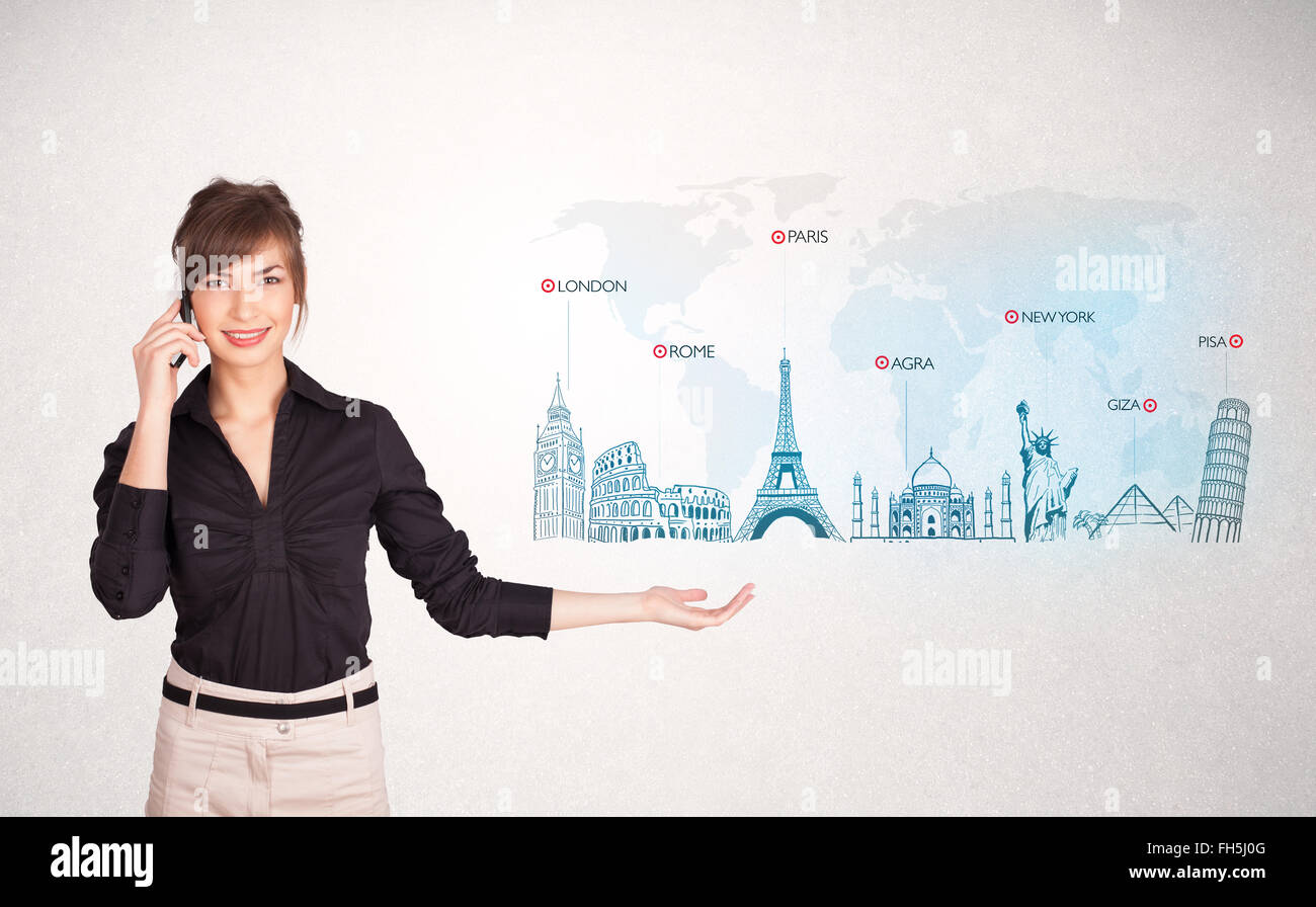 Business woman presenting map with famous cities and landmarks Stock ...