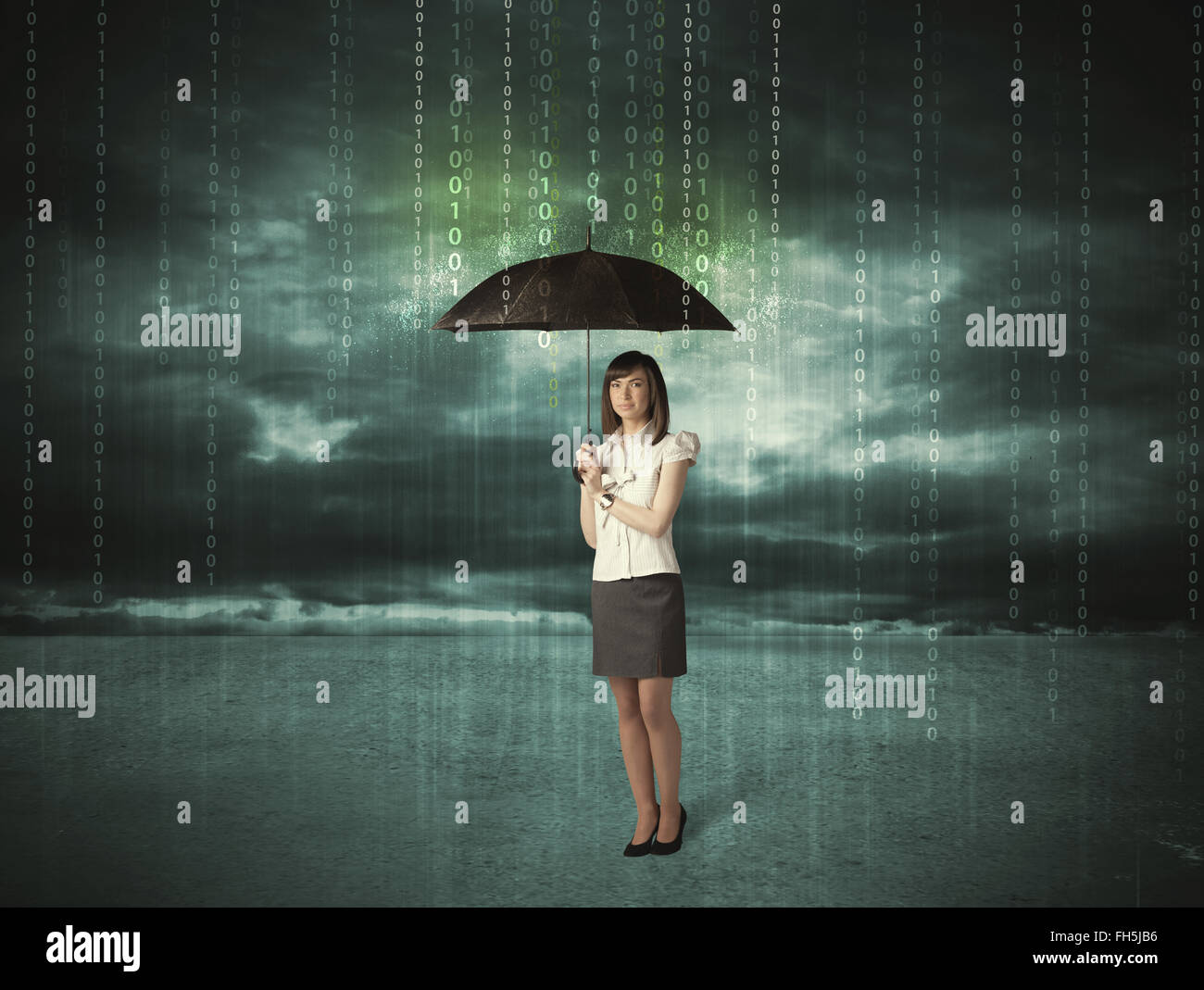 Business woman standing with umbrella data protection concept Stock Photo