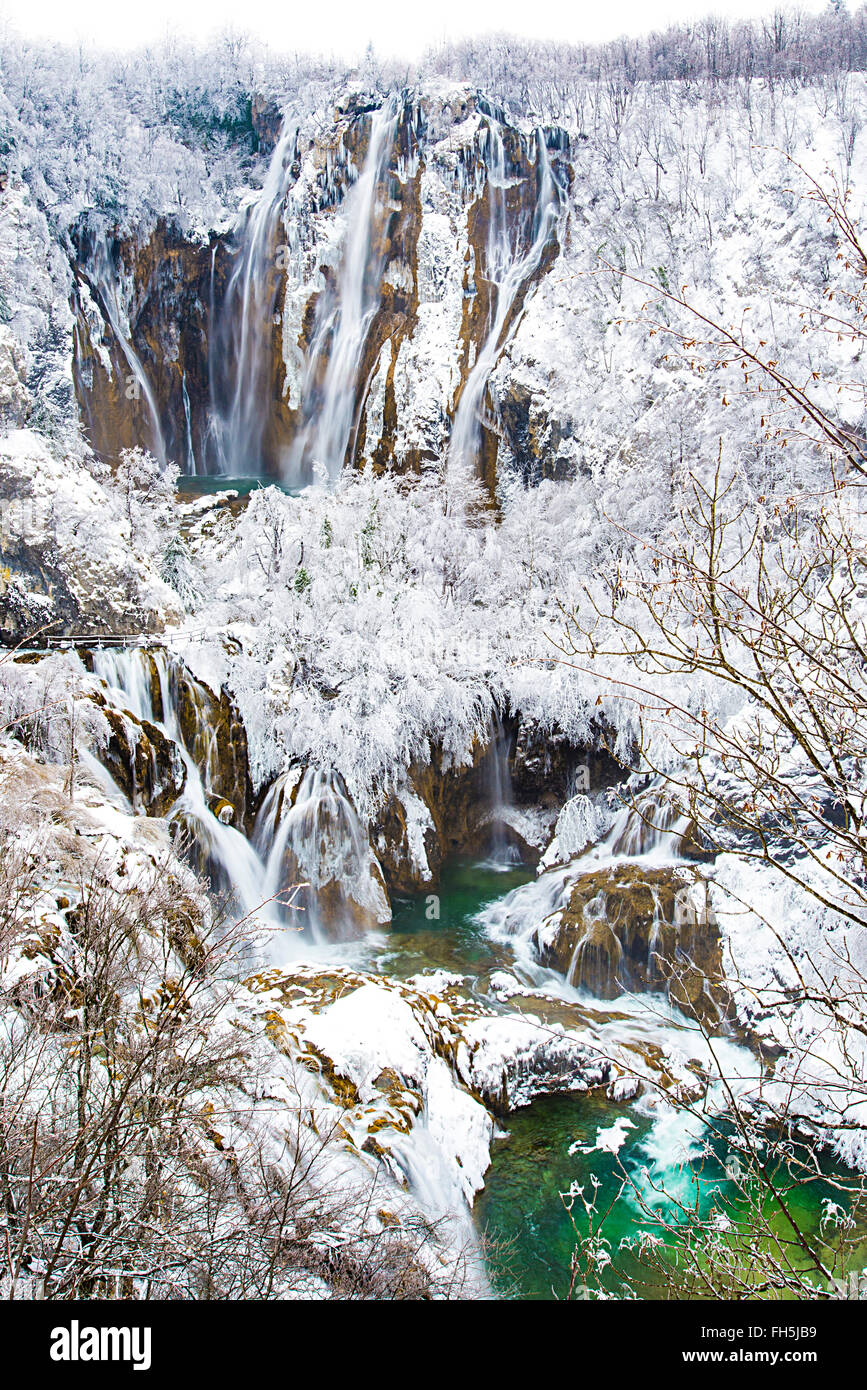 Frozen waterfalls of Plitvice Lakes National Park in Plitvice, Croatia in winter. Stock Photo