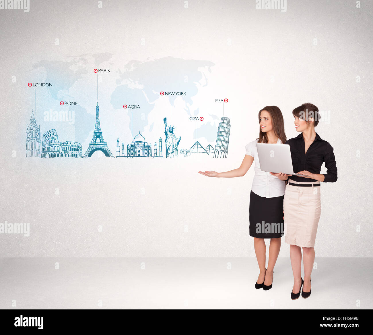 Business woman presenting map with famous cities and landmarks Stock ...