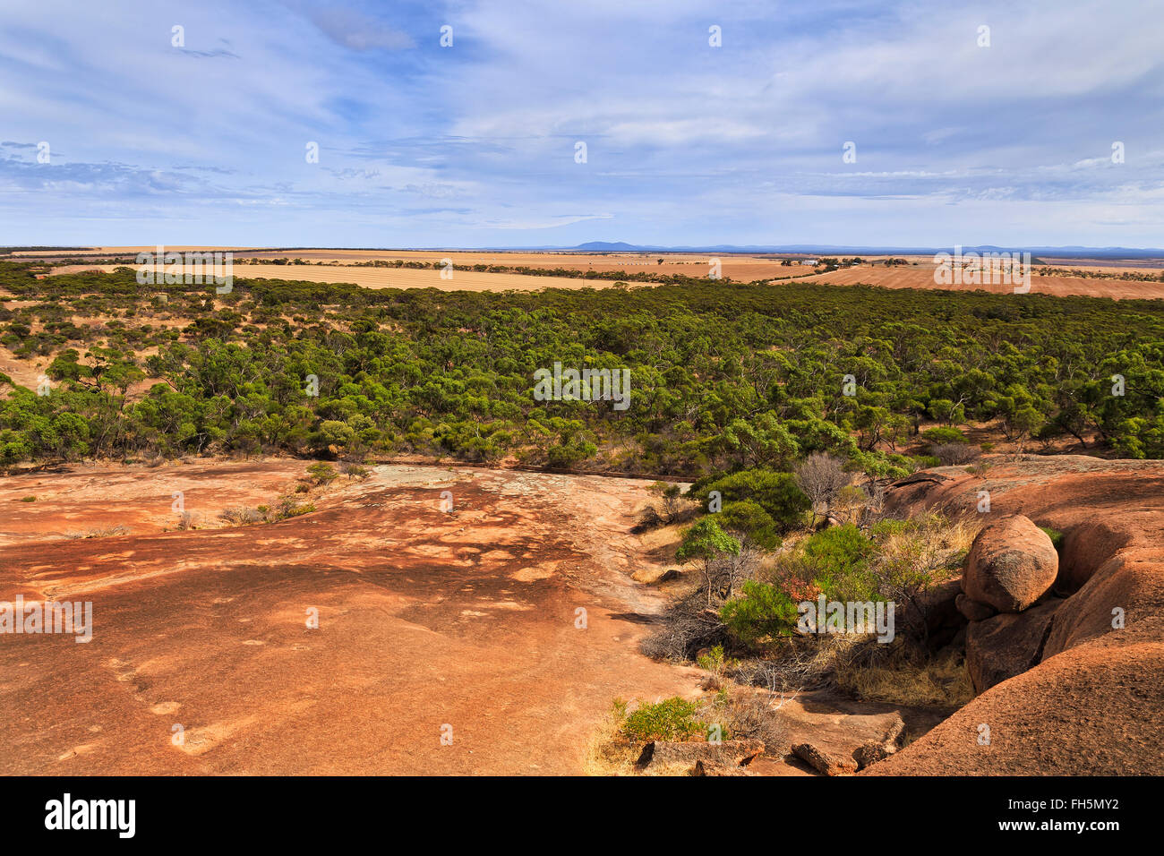 perspective view across vast flat plain from the top of granite mountain near Wudinna in South Australia. THe mount is surround Stock Photo