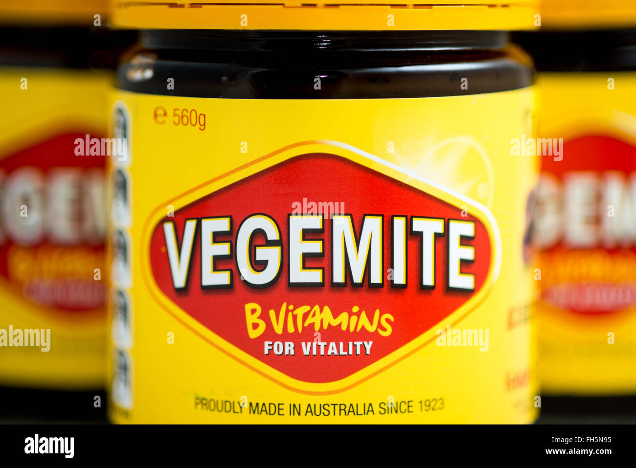 Vegemite is a dark brown Australian food paste made from brewers' yeast extract with various vegetable and spice additives. it was developed by Cyril P. Callister in Melbourne, Victoria, in 1922, as a locally sourced version of the British paste Marmite. It  has become a cultural icon. It is often put on toast. Stock Photo