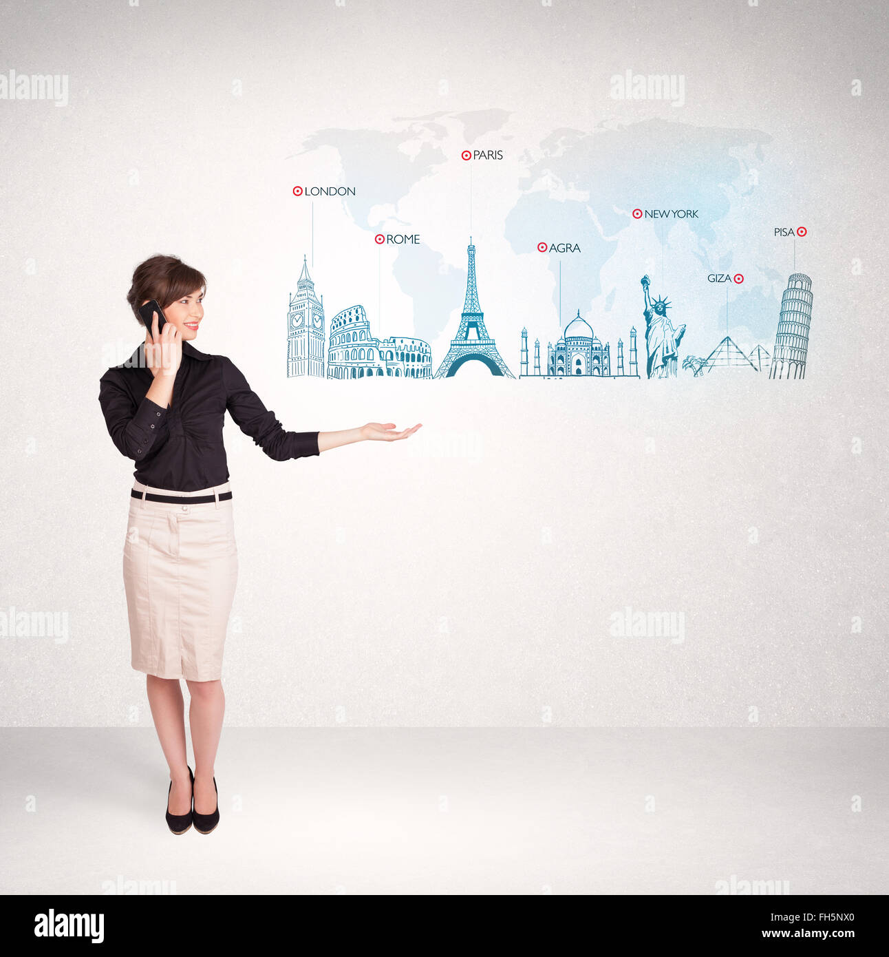 Business woman presenting map with famous cities and landmarks Stock ...