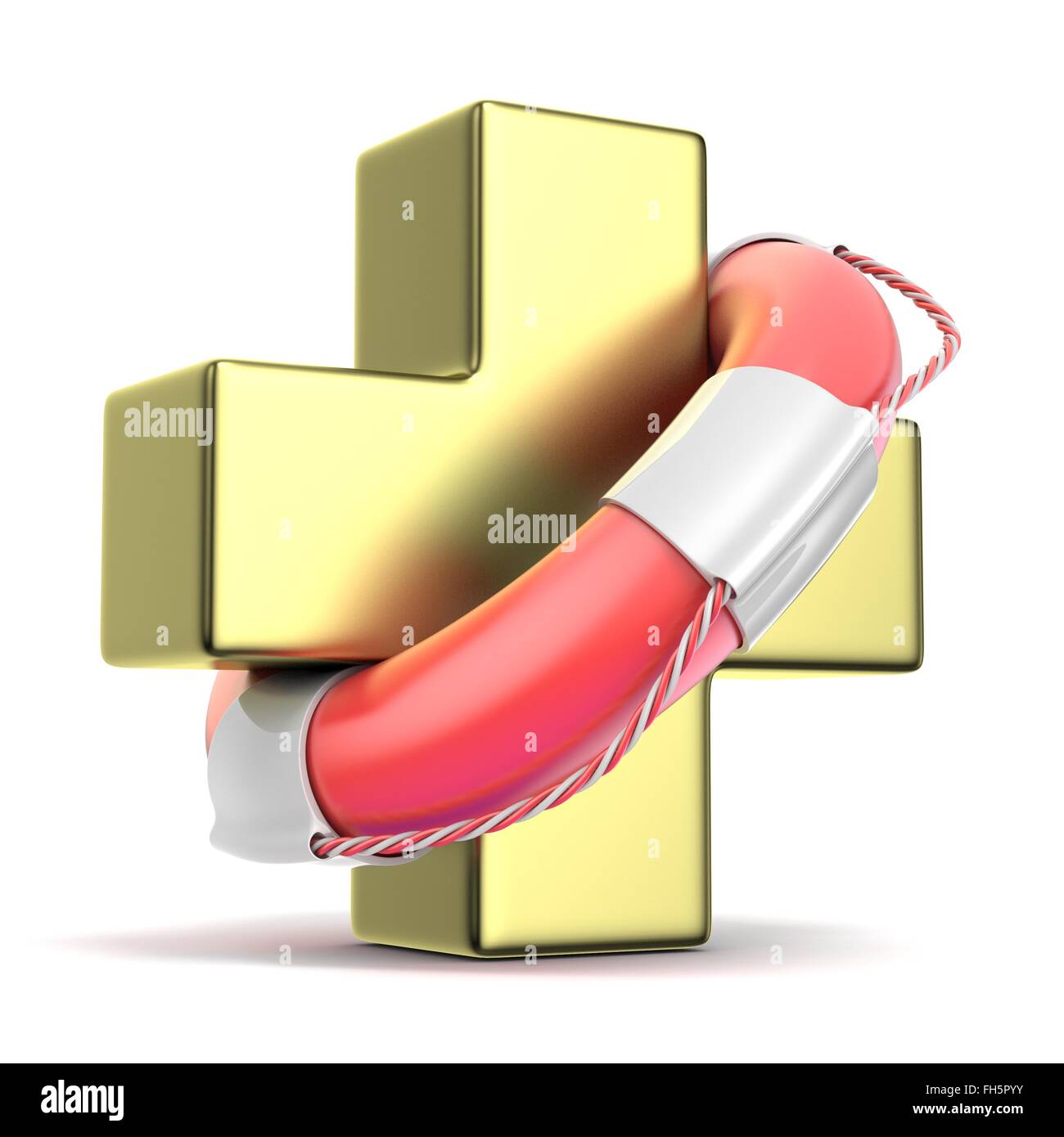 Lifebelt on golden medical cross sign. 3D render illustration isolated on white background Stock Photo