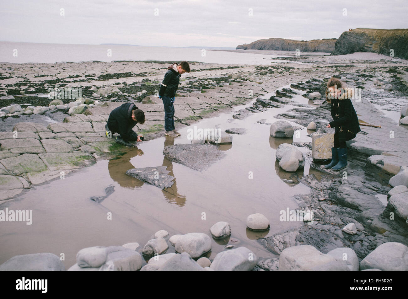 Children playing in the tidal pool at Kilve beach Stock Photo