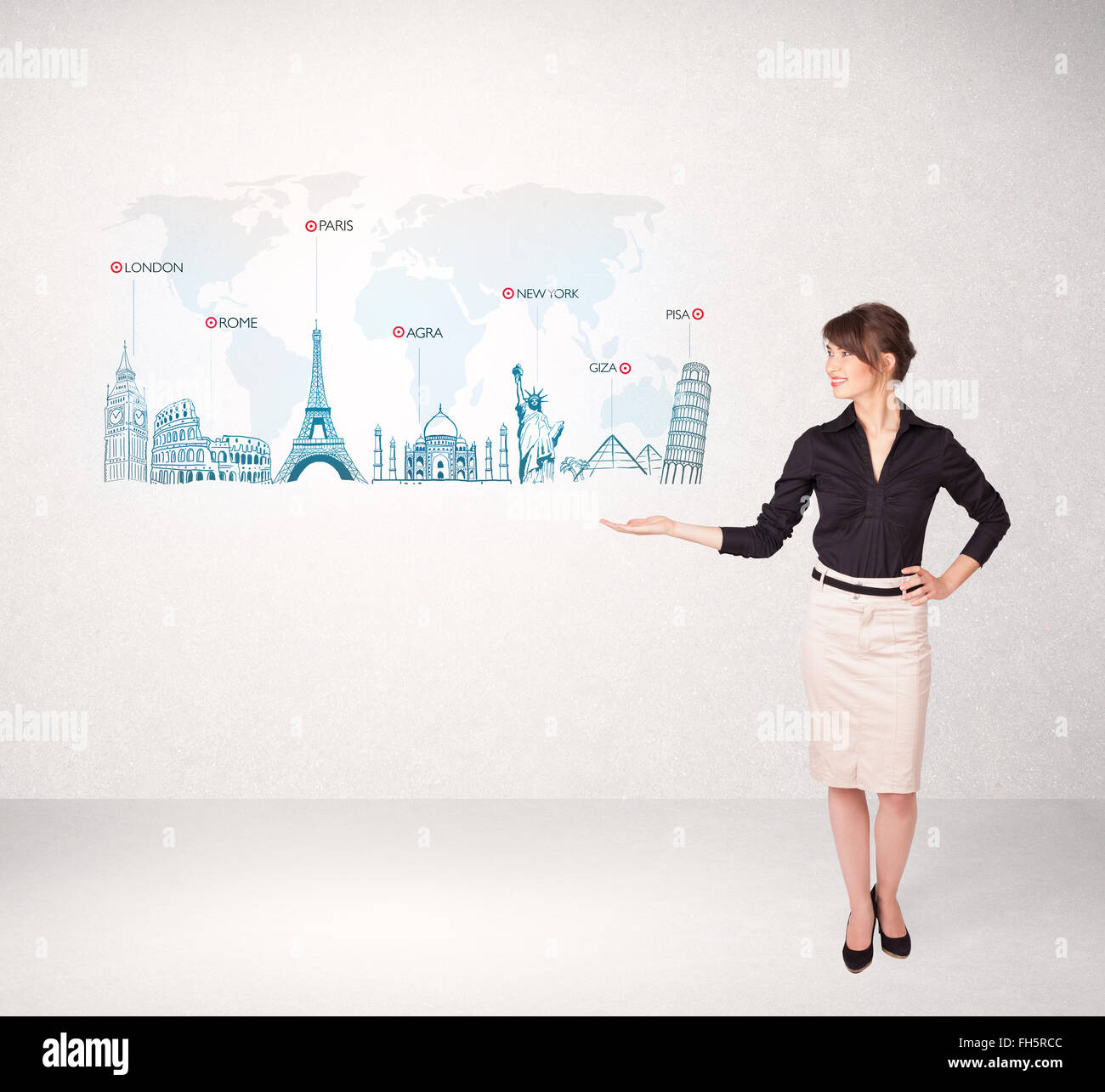 Business woman presenting map with famous cities and landmarks Stock ...