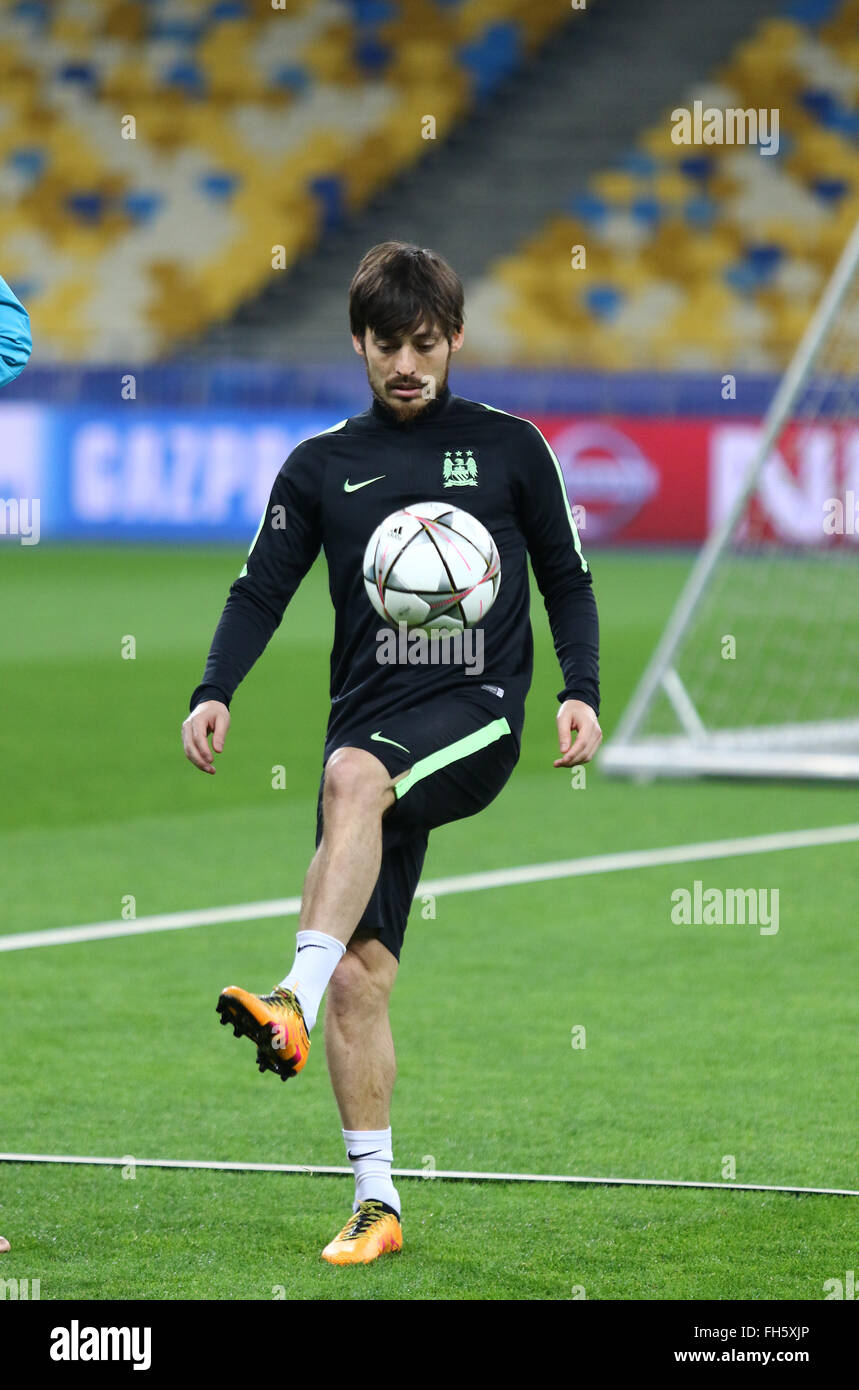 Kyiv, Ukraine. 23rd February, 2016: David Silva in action during FC Manchester City training session at NSC Olimpiyskyi stadium in Kyiv. Manchester City will face Dynamo Kyiv in the UEFA Champions League round of 16 football match on 24 February 2016. Oleksandr Prykhodko/Alamy Live News Stock Photo