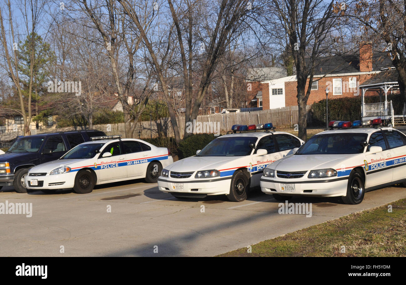 Bladensburg police cars parked in the police department's parking lot in Bladensburg, Maryland Stock Photo